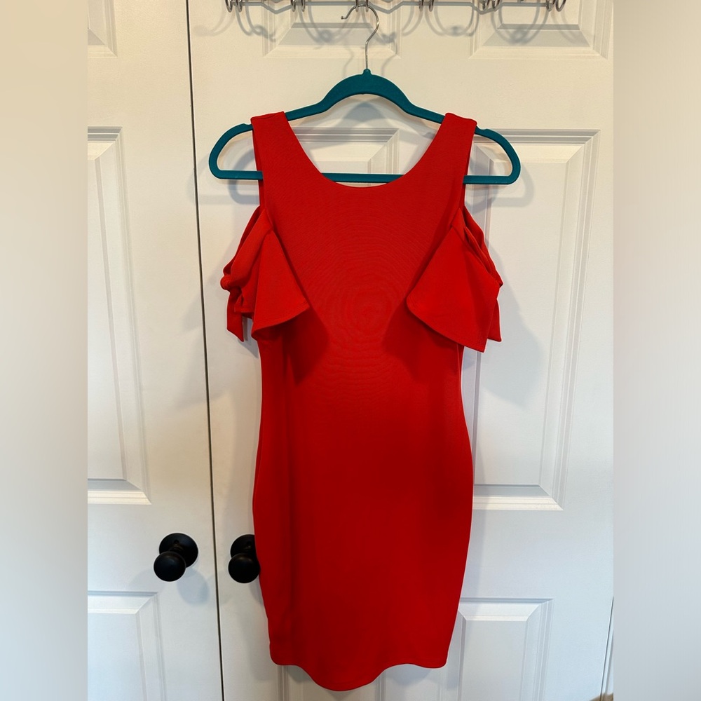 Red Ribbed bodycon dress with tie sleeves from  Francesca’s